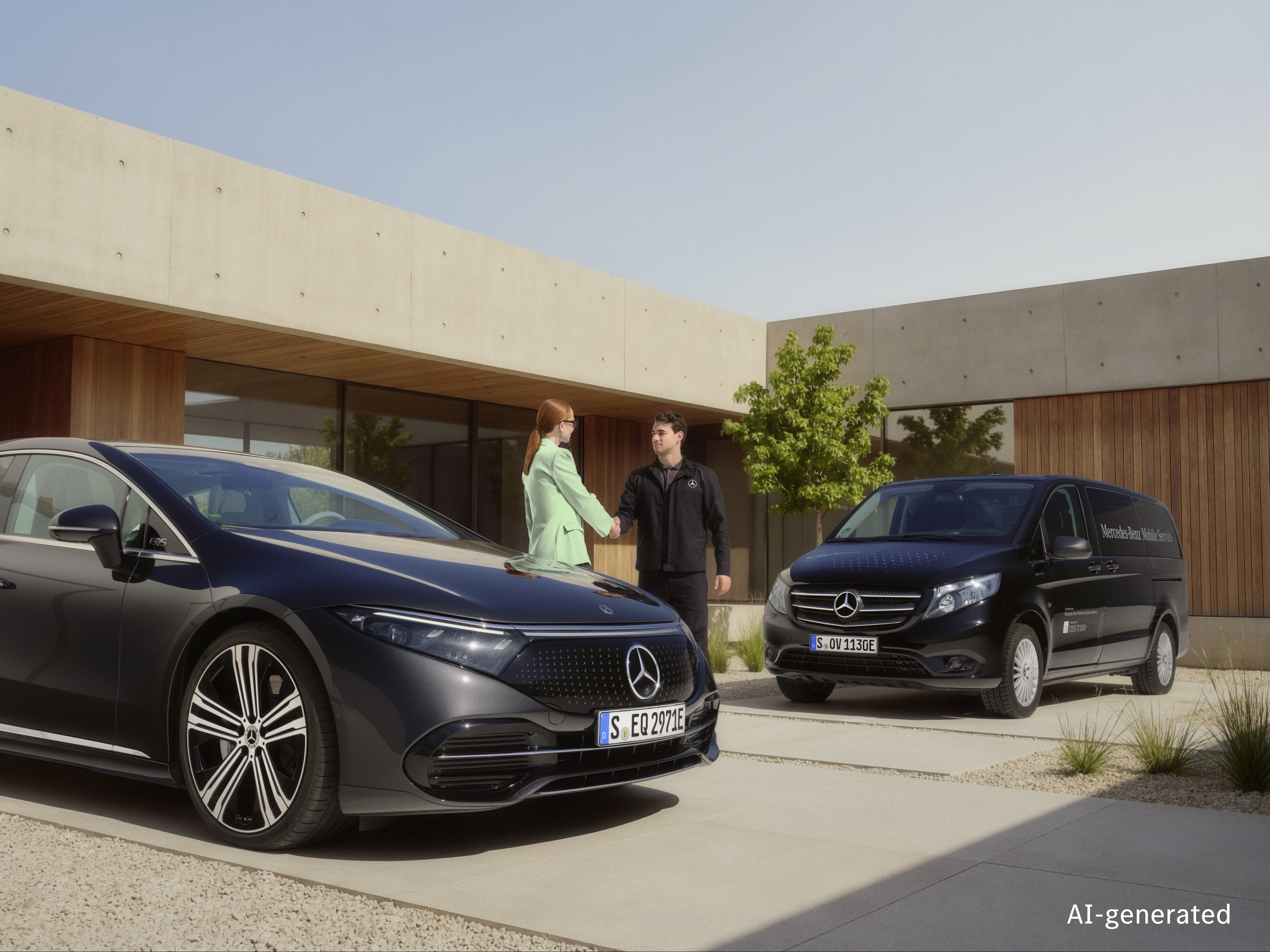 Serwis Mobilny Mercedes-Benz Technik serwisu mobilnego Mercedes-Benz wita klienta uściskiem dłoni przed nowoczesnym domem, przed którym stoi samochód Mercedes-Benz, a obok niego znajduje się samochód serwisowy.