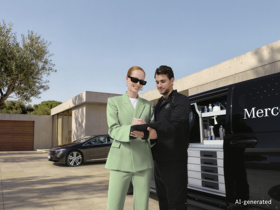 Serwis Mobilny Mercedes‑Benz Technik Serwisu Mobilnego Mercedes-Benz przegląda dokumenty elektroniczne wraz z klientem obok w pełni wyposażonego samochodu serwisowego, a w tle widoczny jest samochód Mercedes-Benz zaparkowany przed nowoczesnym domem.