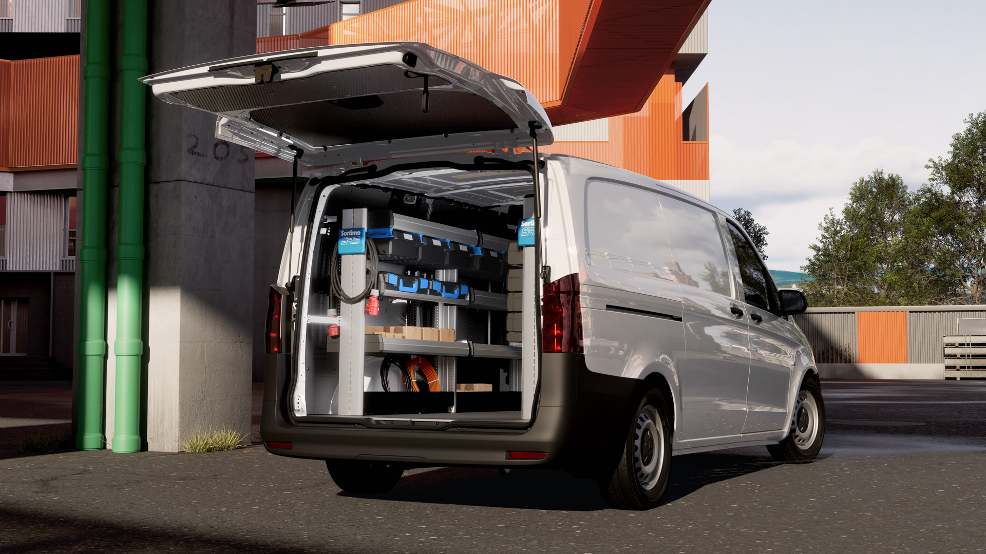 Mercedes‑Benz Vito z wyposażeniem regałowym. Samochód dostawczy Mercedes-Benz z profesjonalnym wyposażeniem warsztatowym. Otwarta przestrzeń ładunkowa wyposażona jest w systemy regałowe i skrzynie, które zapewniają wydajną obsługę serwisową.