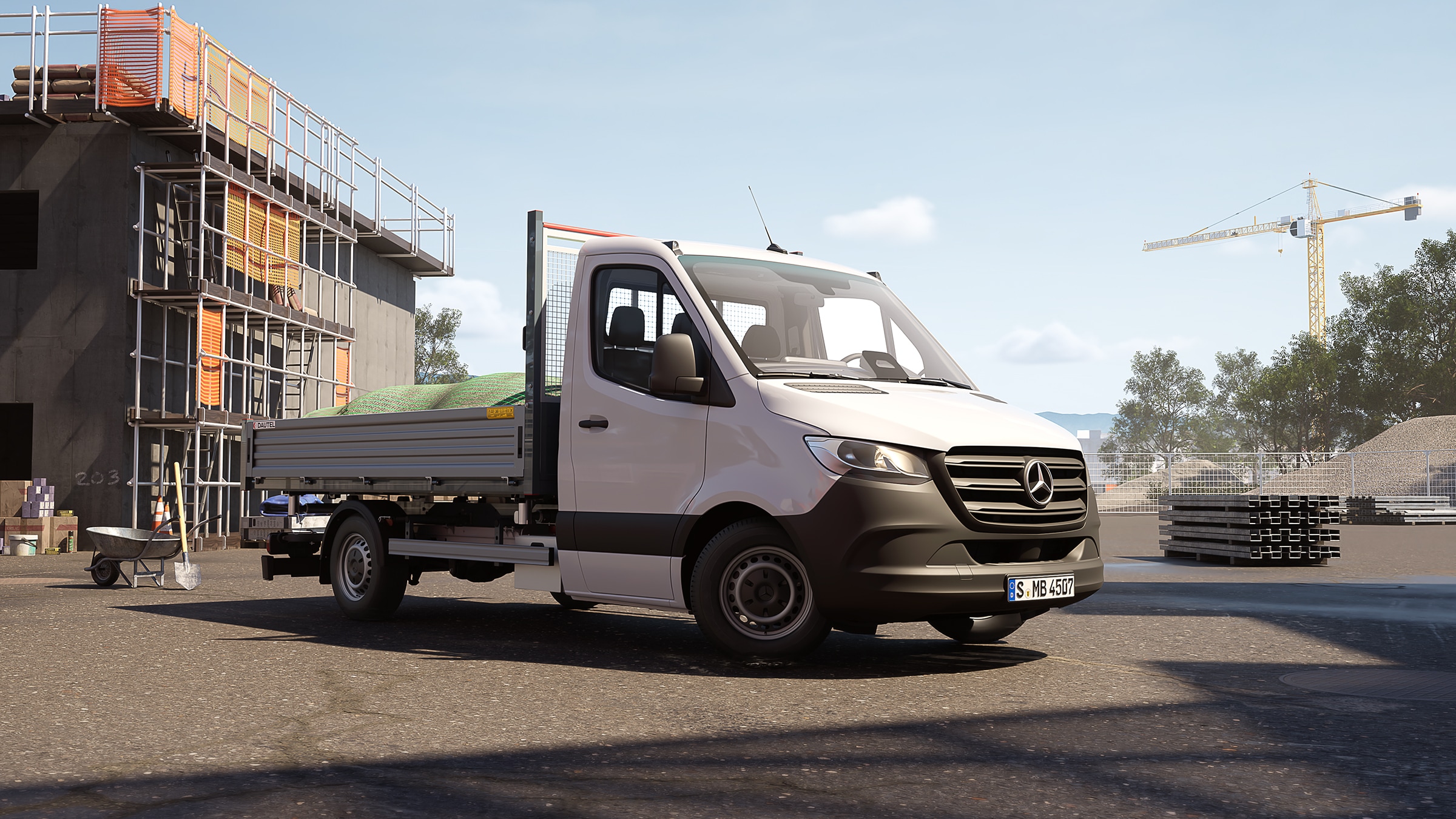 Sprinter Podwozie ze skrzynią ładunkową | Wszystkie modele Sprinter | Samochody dostawcze Mercedes-Benz Sprinter Podwozie ze skrzynią ładunkową na placu budowy