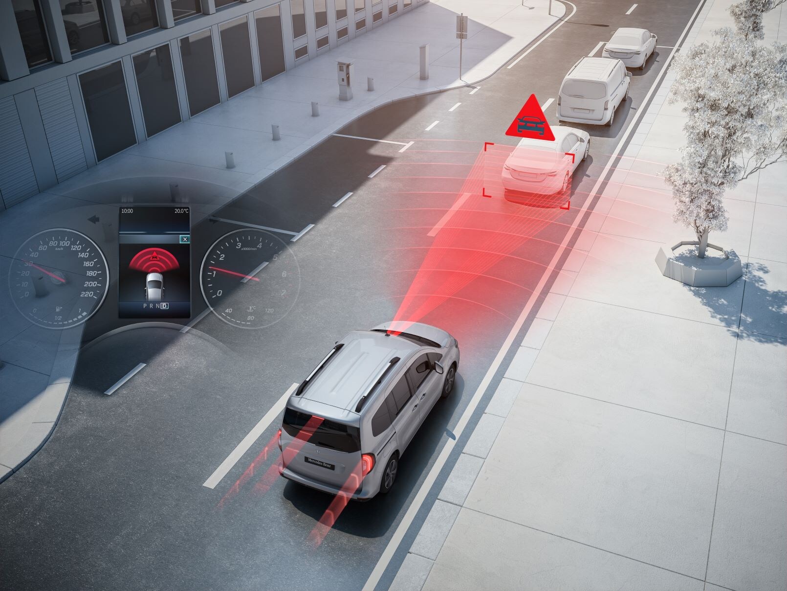System wspomagania jazdy wizualizowany w ruchu drogowym w Mercedesie-Benz Citan Furgon.
