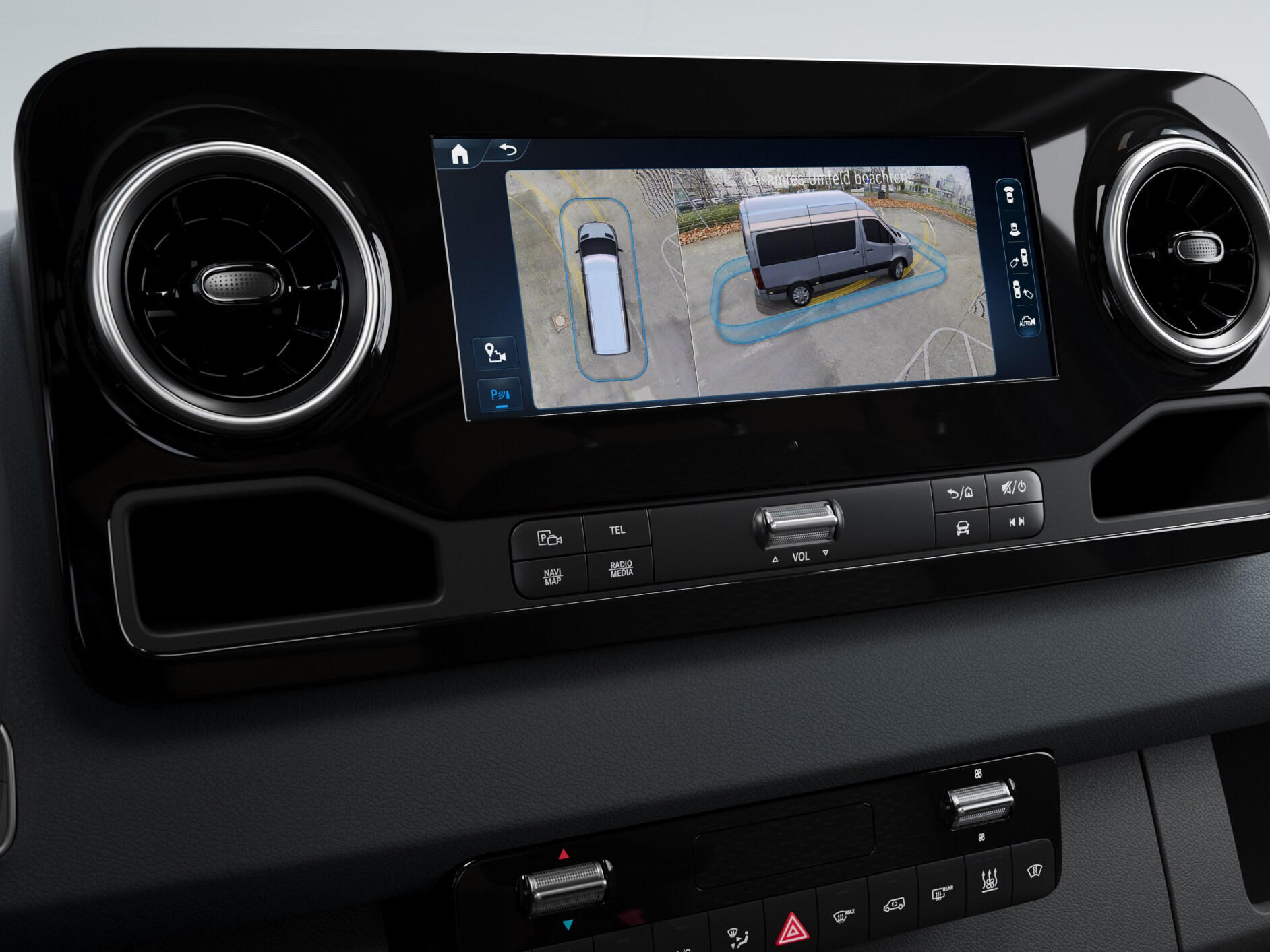 Funkcja 3D Surround View w systemie multimedialnym MBUX w furgonach Mercedes-Benz.