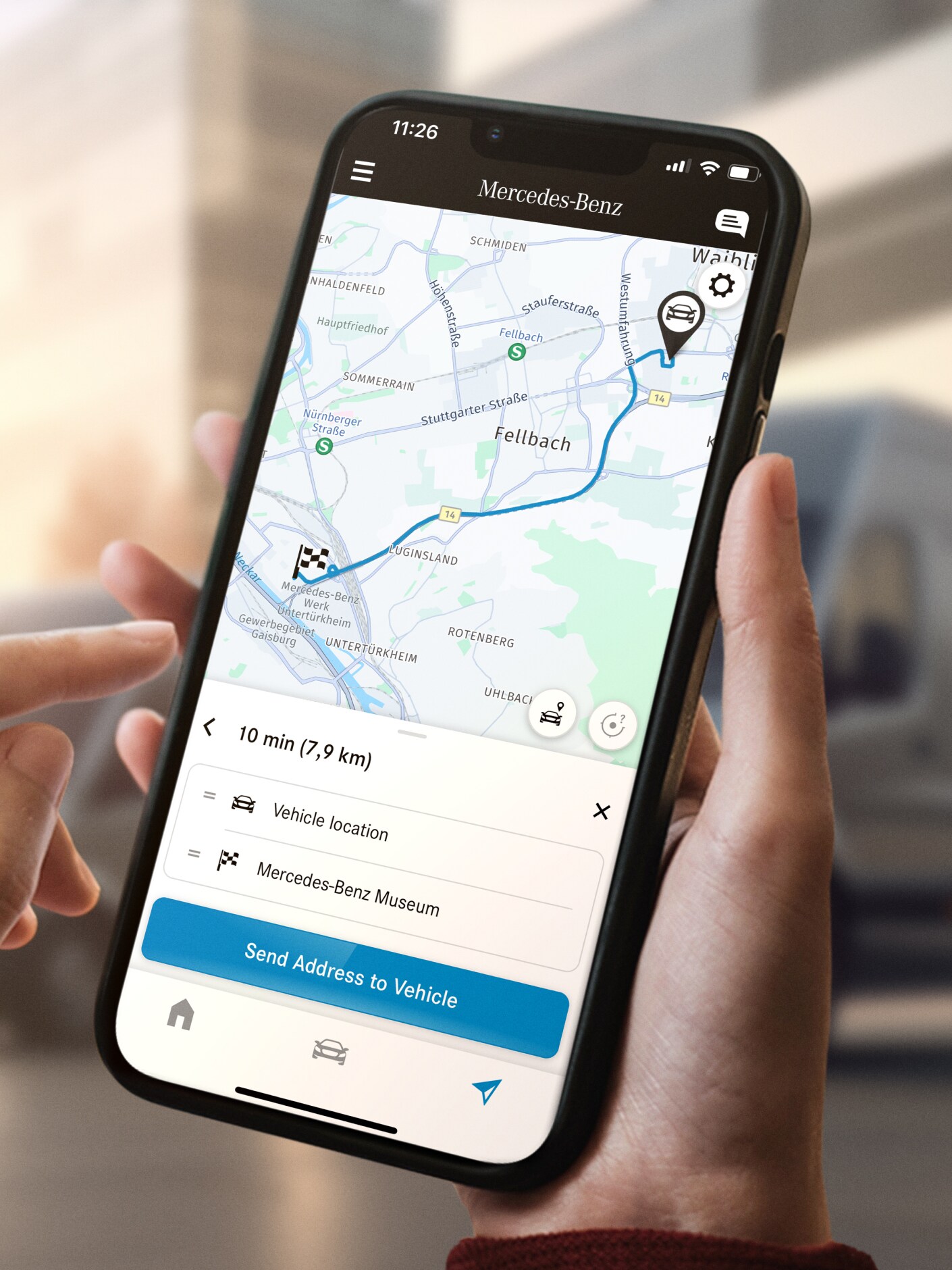 Funkcja Send2Car od Mercedes-Benz na smartfonie.
