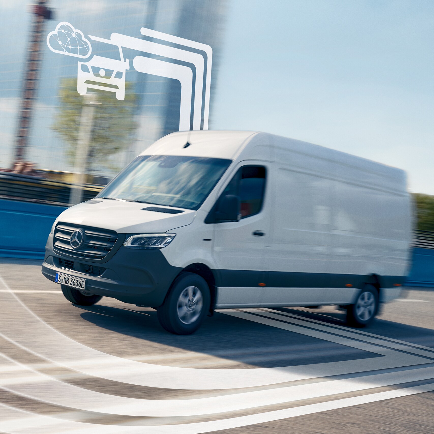 Samochód dostawczy Mercedes-Benz z elementami graficznymi reprezentującymi Cyfrowe Dodatki.