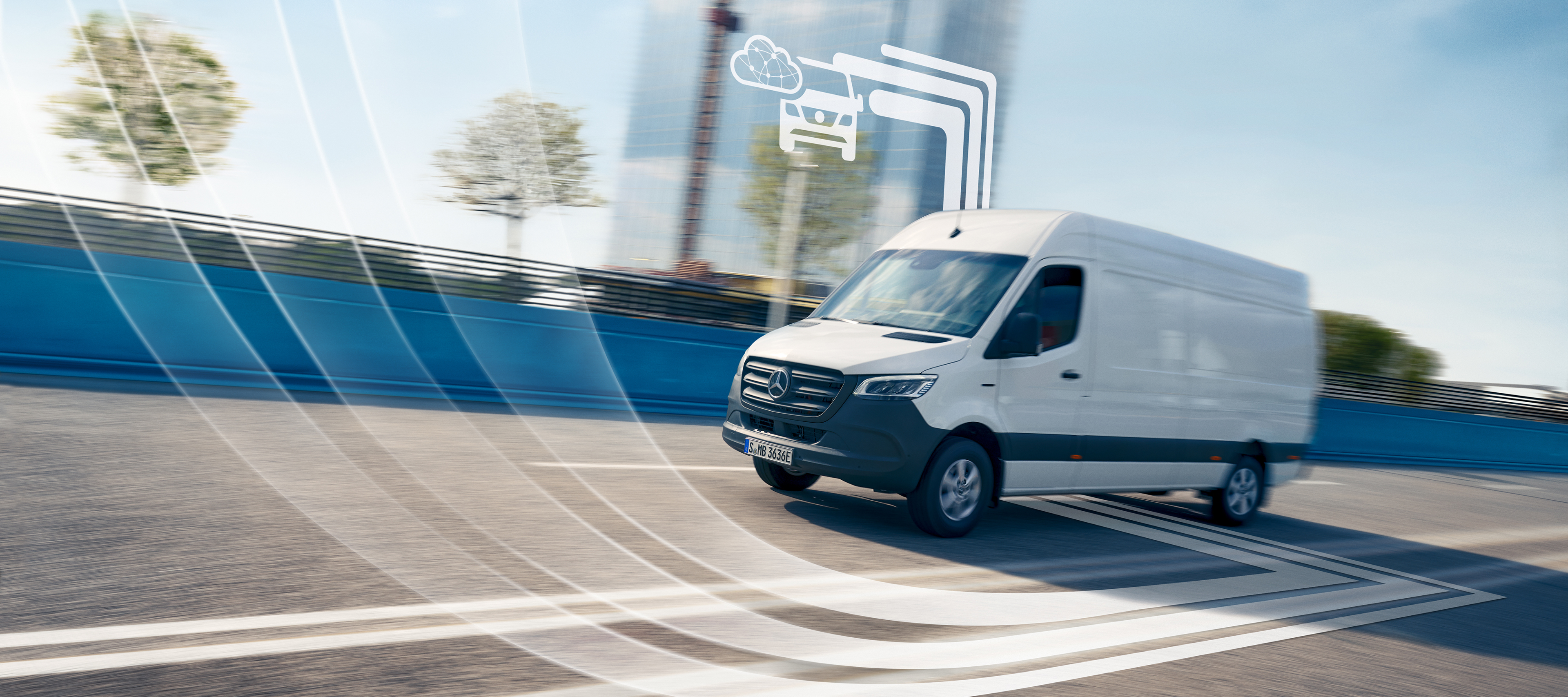 Wyposażenie standardowe | Cyfrowe Dodatki | Mercedes-Benz Samochód dostawczy Mercedes-Benz z elementami graficznymi reprezentującymi Cyfrowe Dodatki.