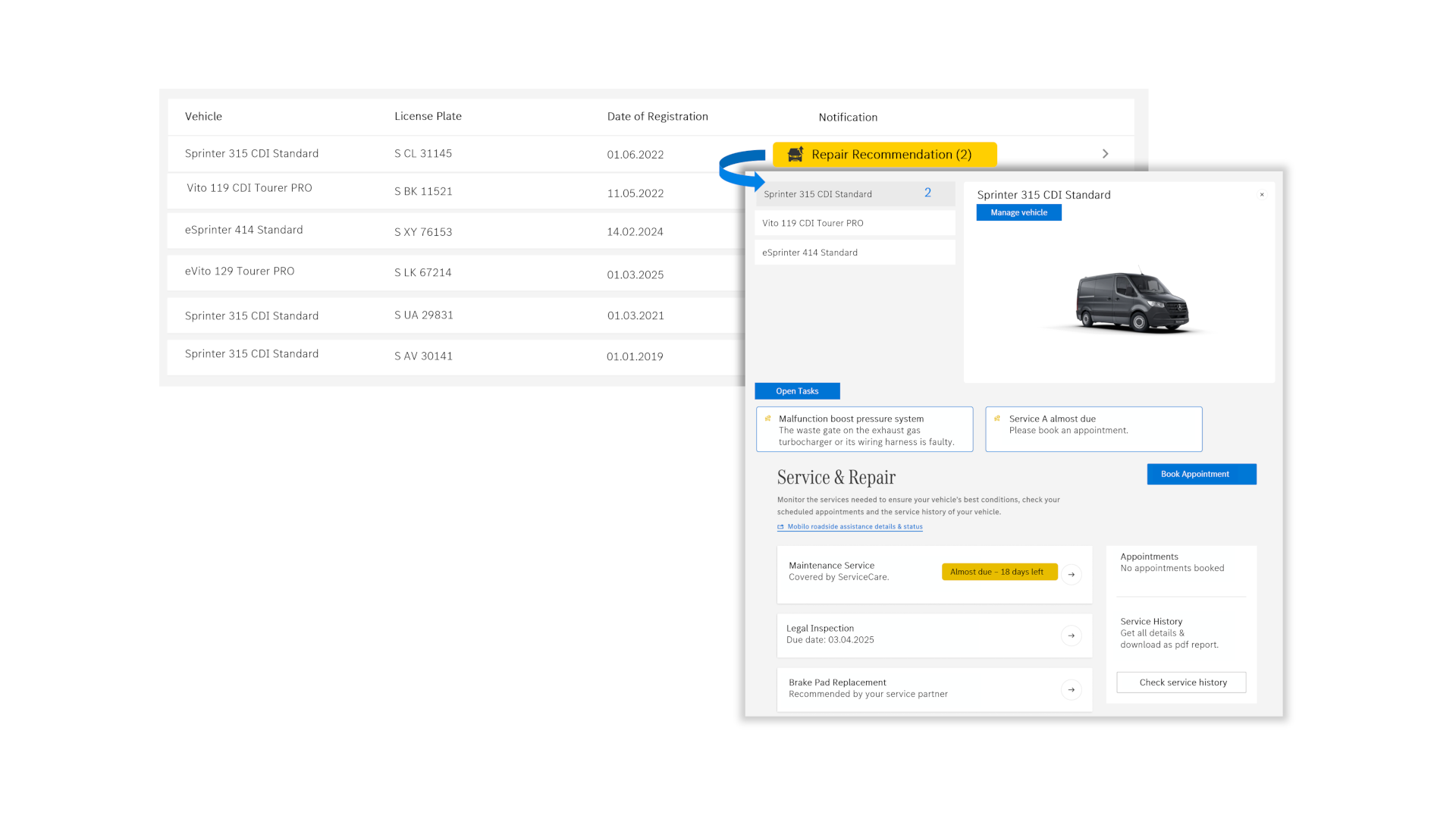 Van Uptime Monitor | Cyfrowe Dodatki | Mercedes-Benz Wyświetlanie listy pojazdów z różnymi informacjami o stanie i zalecanymi działaniami.