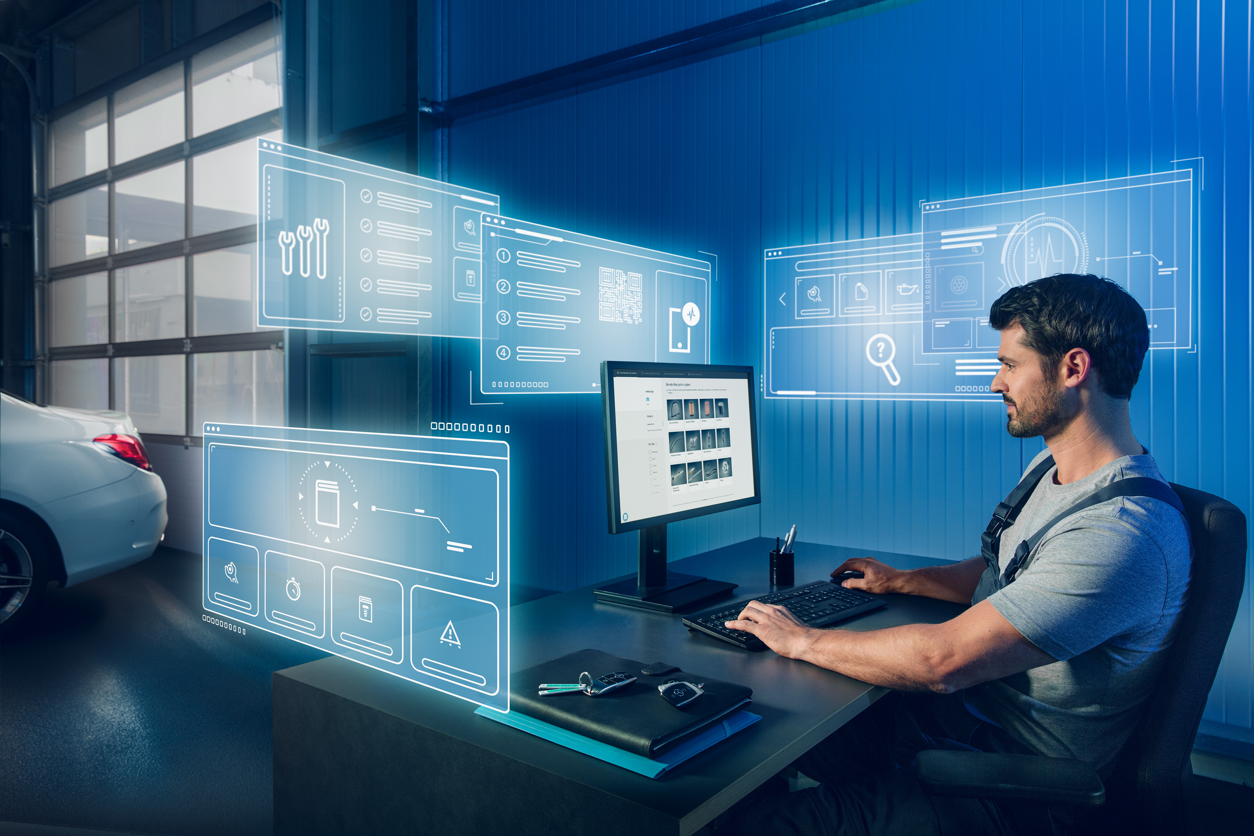 Oryginalne części | Samochody dostawcze Mercedes-Benz Mechanik wyszukujący odpowiednie Oryginalne Części Mercedes-Benz w katalogu części zamiennych na swoim komputerze.