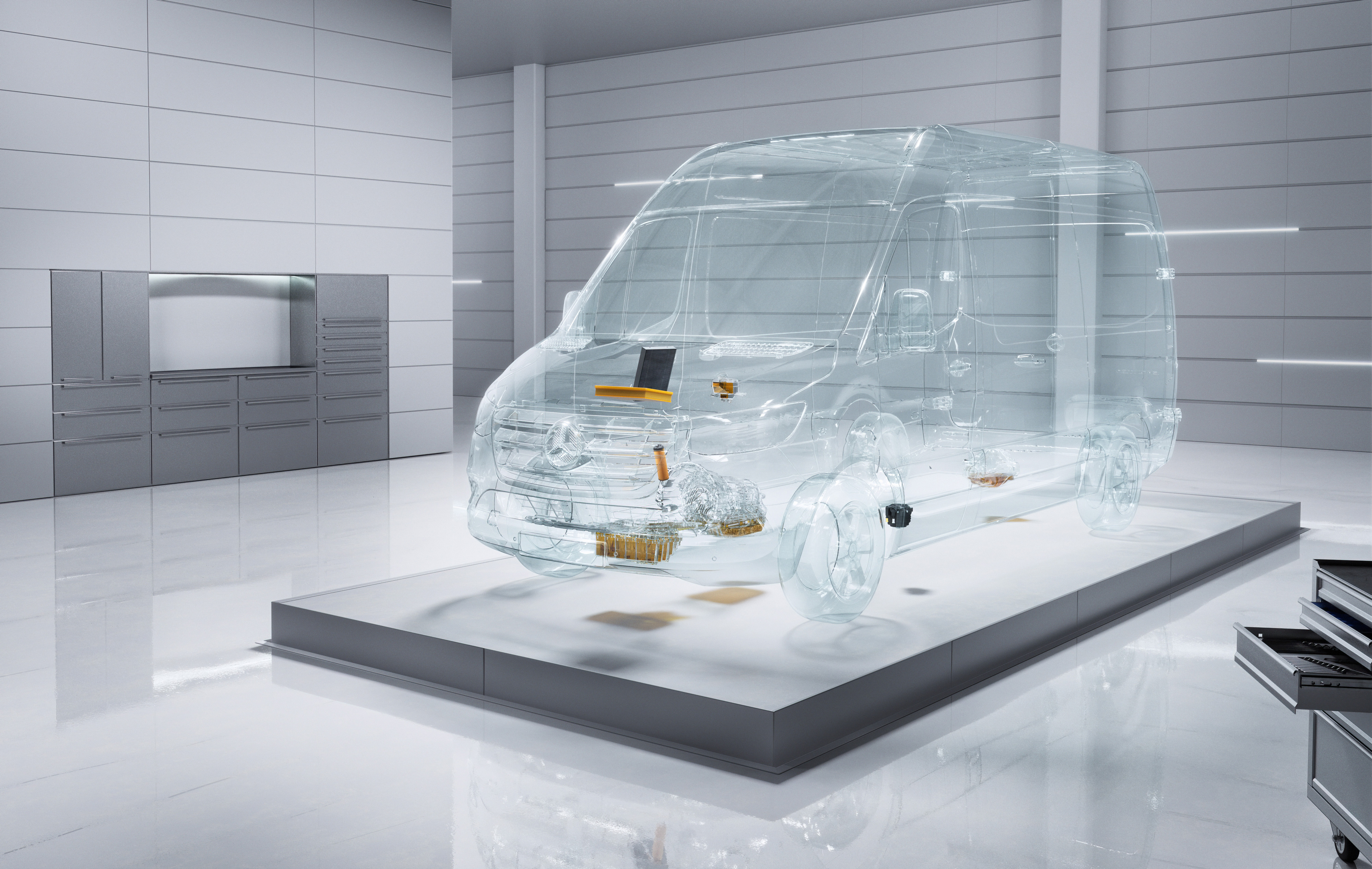 Mercedes-Benz | Usługi flotowe dla pojazdów dostawczych | Umowy Serwisowe Przezroczysty, wirtualny samochód dostawczy Mercedes-Benz Sprinter w otoczeniu serwisowym.