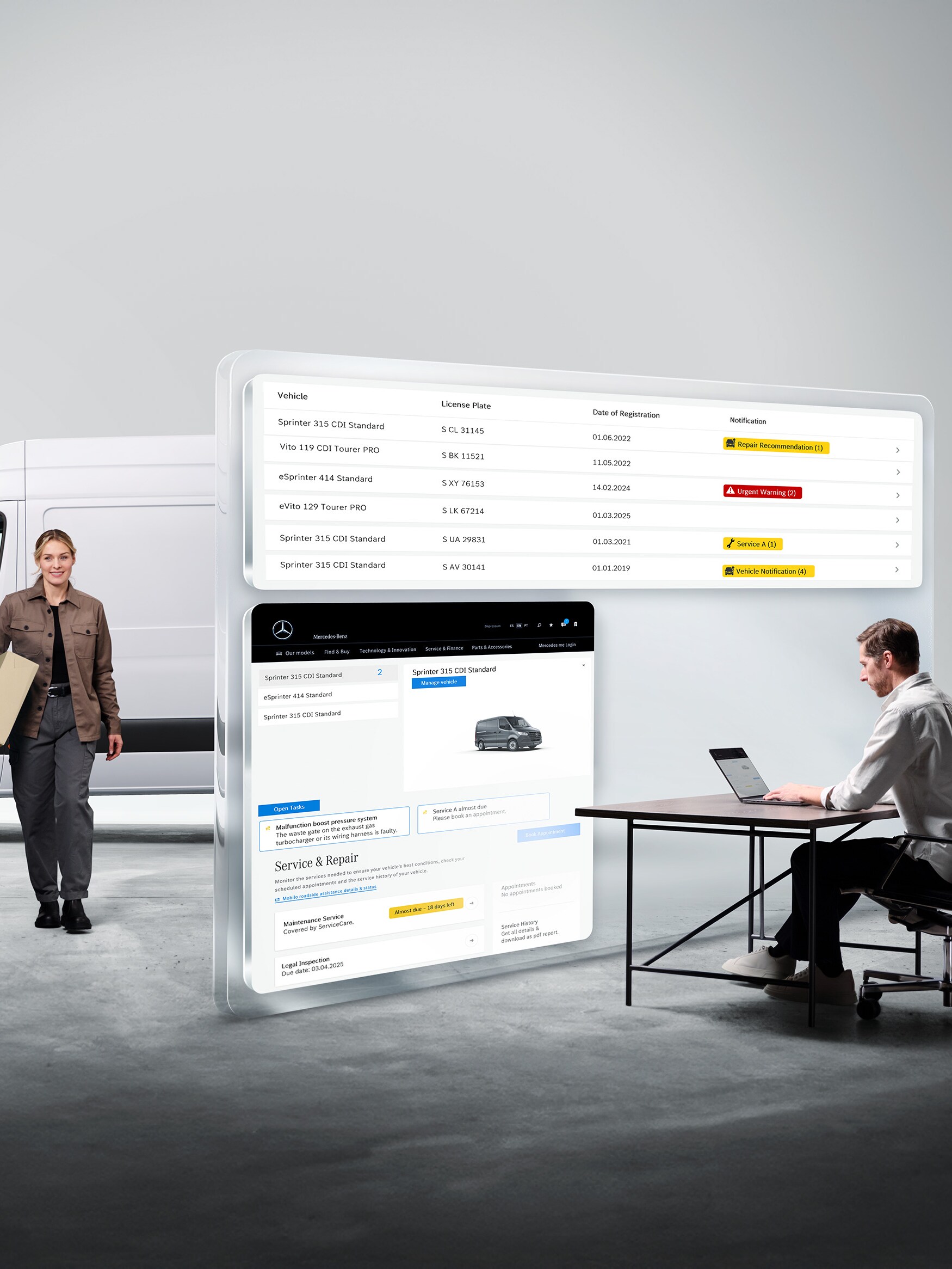 Mężczyzna pracujący na laptopie, kobieta obok samochodu dostawczego, widoczne dane z diagnostyki wirtualnej.