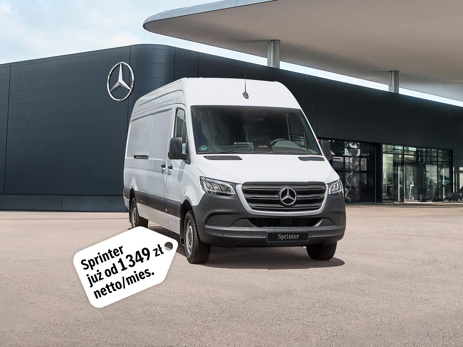 Mercedes-Benz Sprinter Biały Sprinter Mercedes-Benz zaparkowany przed salonem Mercedes-Benz.