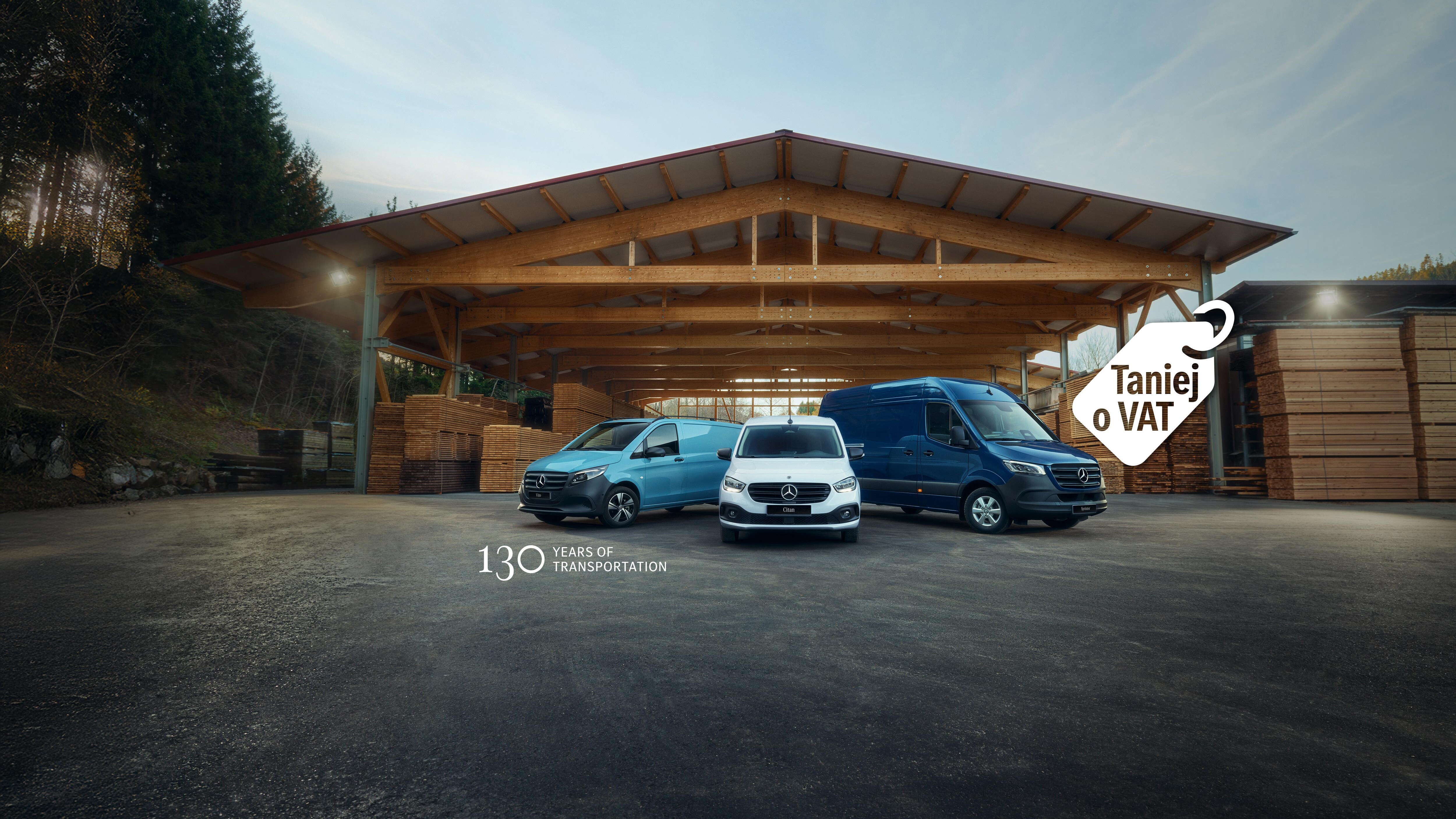 Modele Citan, Vito i Sprinter stoją zaparkowane przed tartakiem.