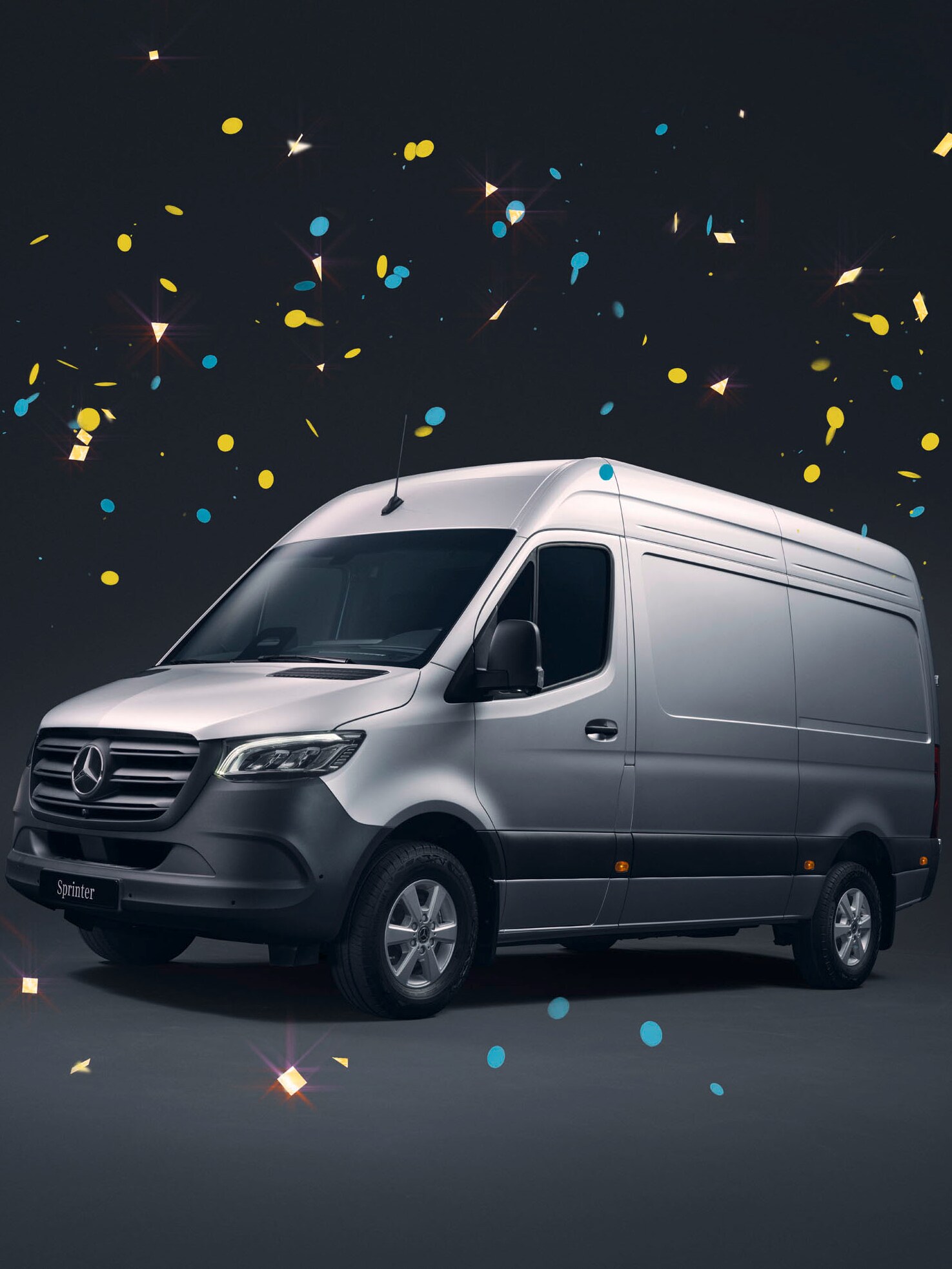 Mercedes-Benz Sprinter Furgon wśród spadającego kolorowego konfetti.