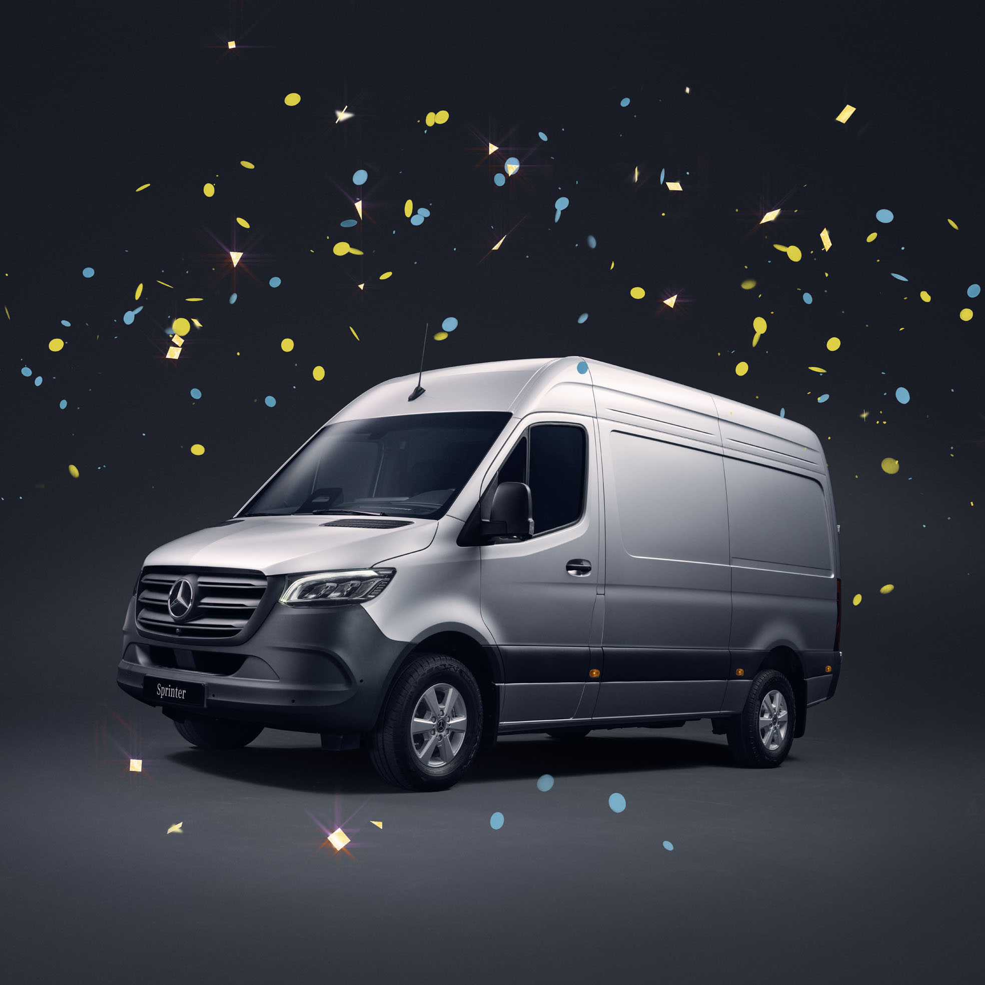 Sprinter | Samochody dostawcze Mercedes-Benz Mercedes-Benz Sprinter Furgon wśród spadającego kolorowego konfetti.