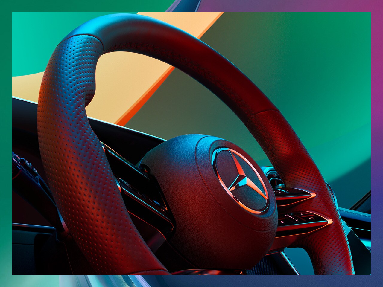 Zbliżenie na kierownicę samochodu osobowego Mercedes-Benz.