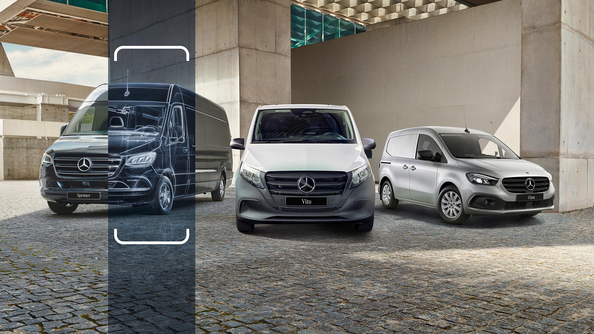 Sprinter, Vito i Citan na tle budynku biurowego.
