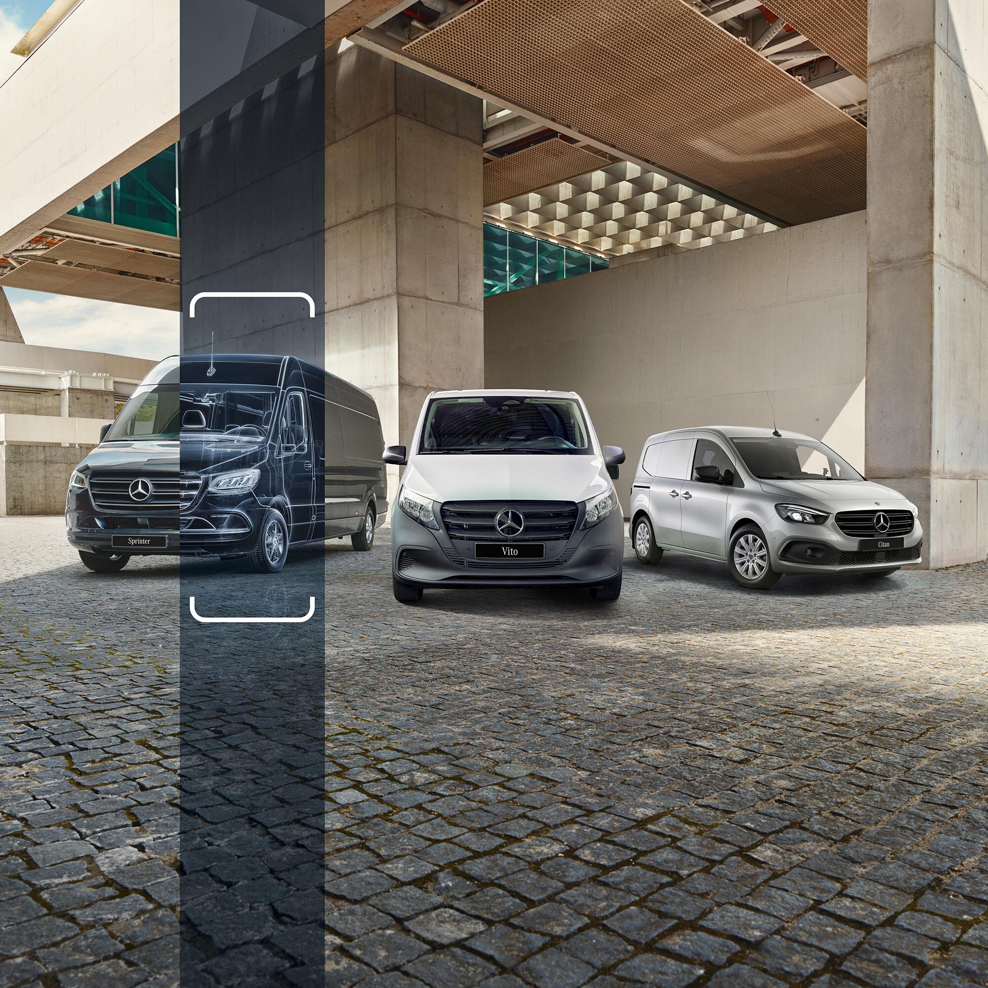 Sprinter, Vito i Citan na tle budynku biurowego.