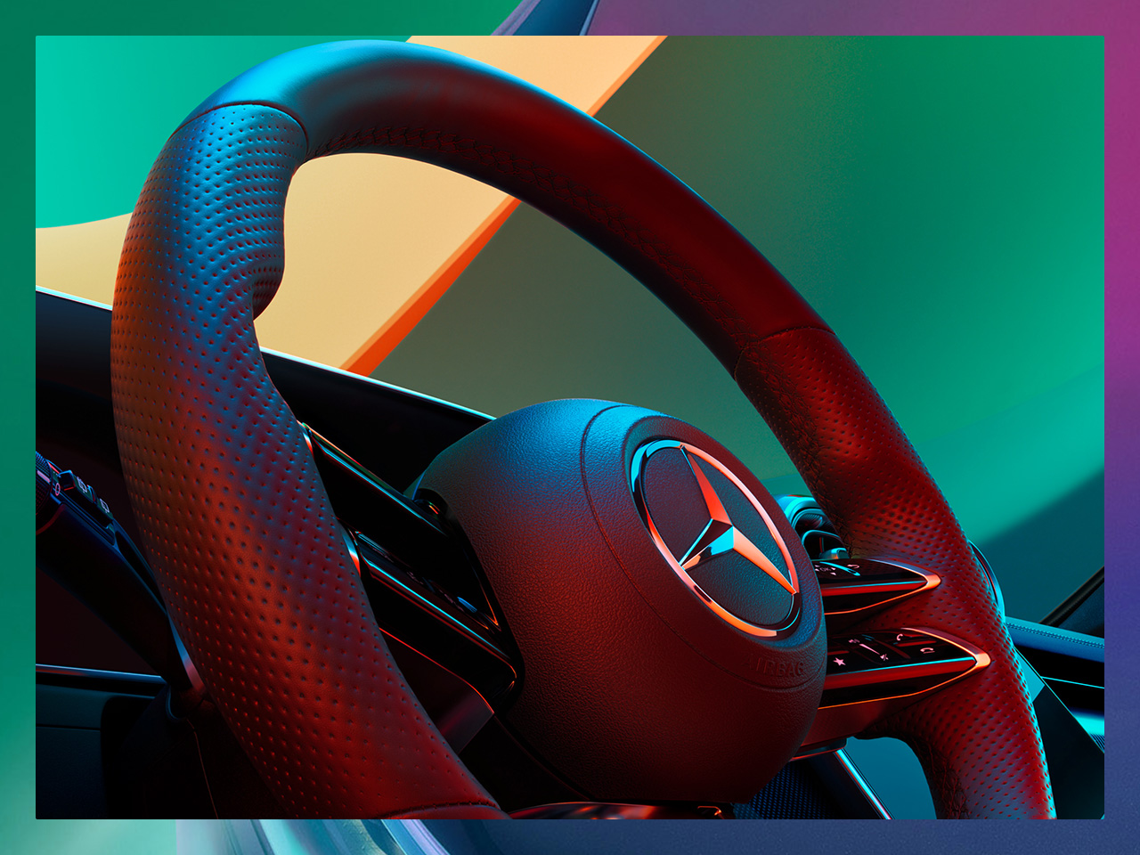 Zgody Marketingowe Mercedes-Benz Zbliżenie na kierownicę samochodu osobowego Mercedes-Benz.